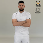 Men’s white clinical uniform scrub top front pose