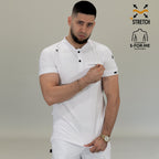 Men’s white scrub top showing secure sleeve zipper pocket