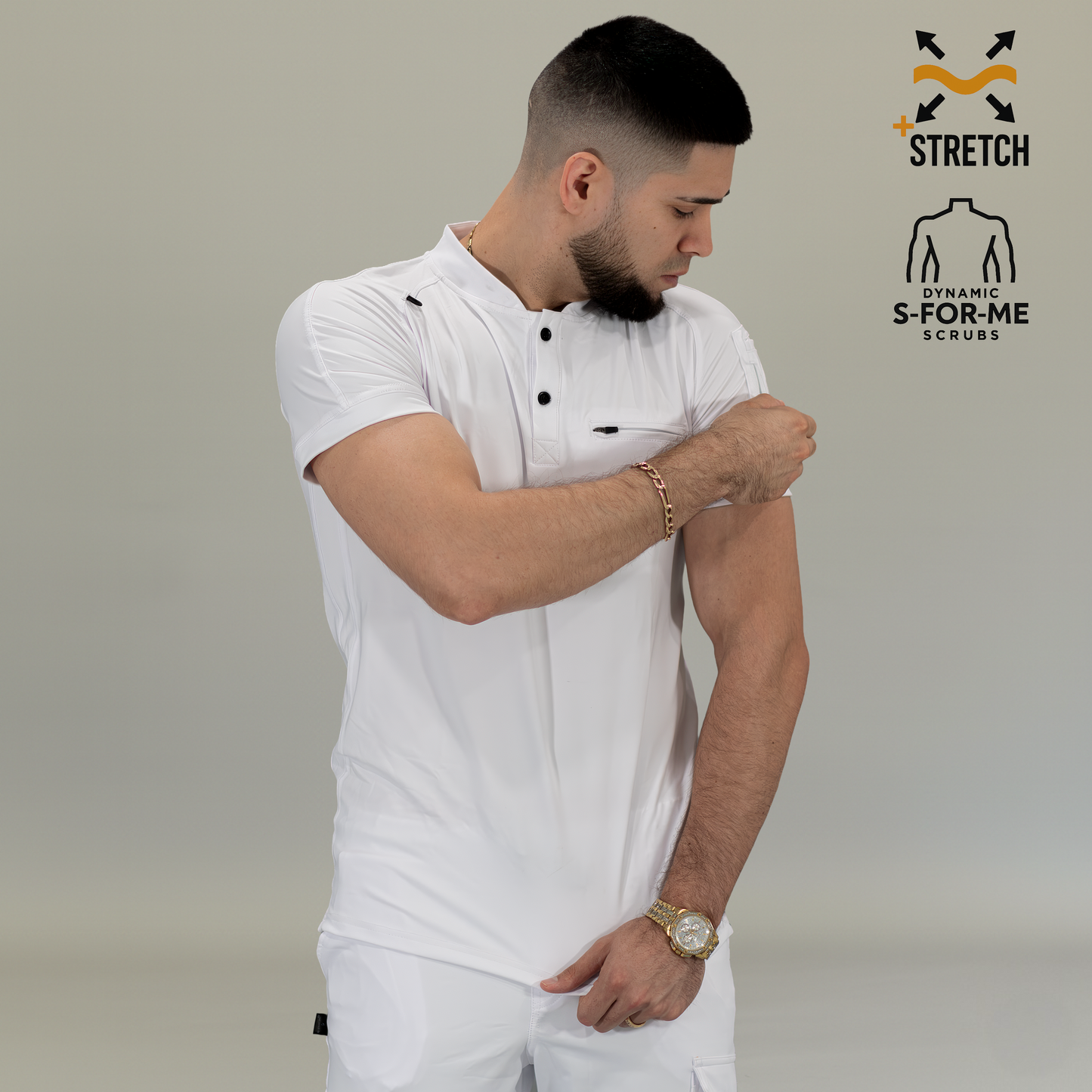 Men's Top 901, White Super Stretch, Scrubs 901