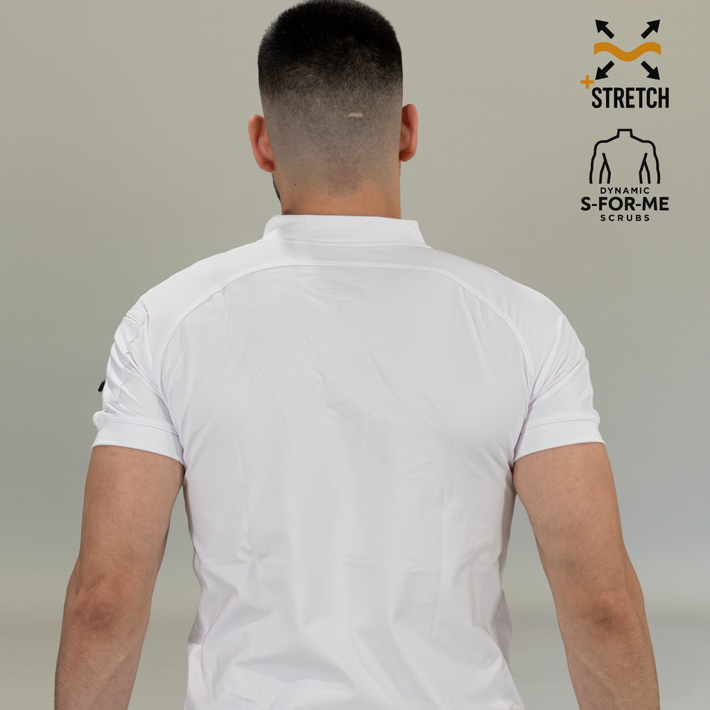 Back view of men’s white nursing scrub top with raglan sleeves