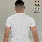 Back view of men’s white nursing scrub top with raglan sleeves