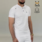 Close-up of men’s white medical scrub top with chest pocket