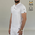 Side profile of men’s white athletic fit scrub top
