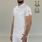 Side profile of men’s white athletic fit scrub top