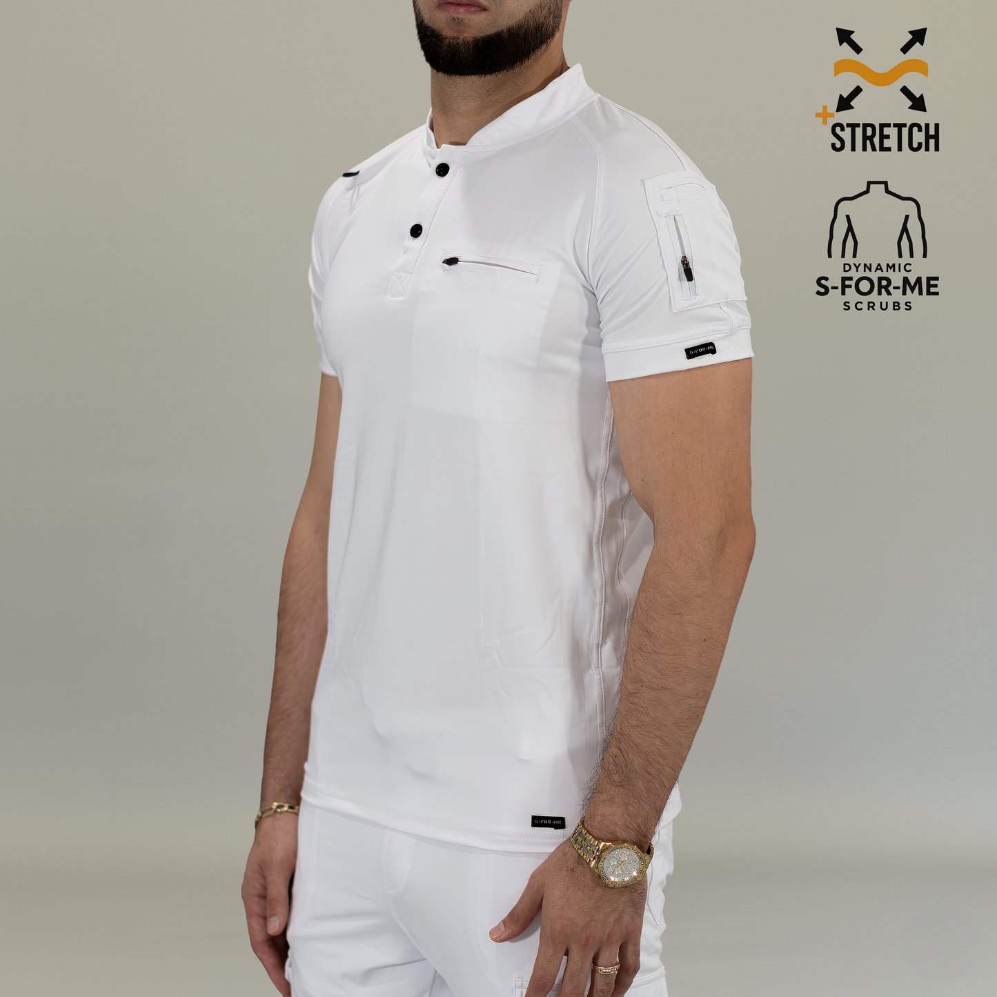 Men's Top 901, White Super Stretch, Scrubs 901