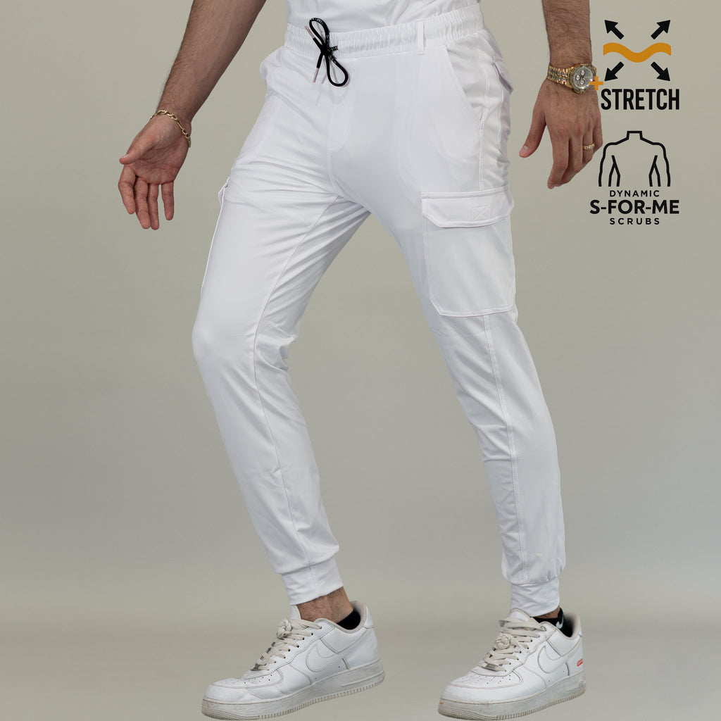 Men’s white scrub jogger pants showing athletic ankle cuffs
