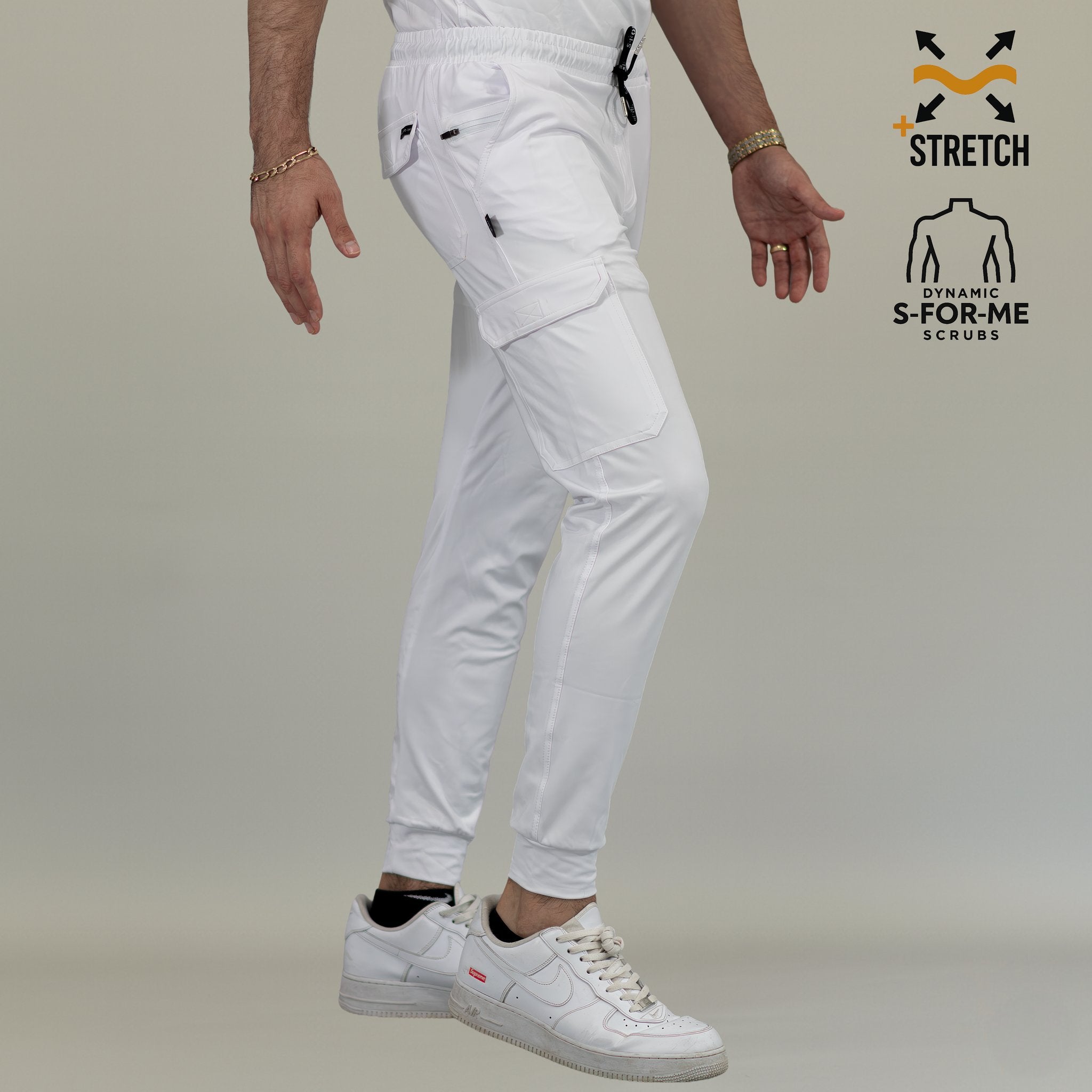 Men’s white clinical uniform scrub jogger pants front pose