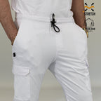 Side profile of men’s white athletic fit scrub jogger pants