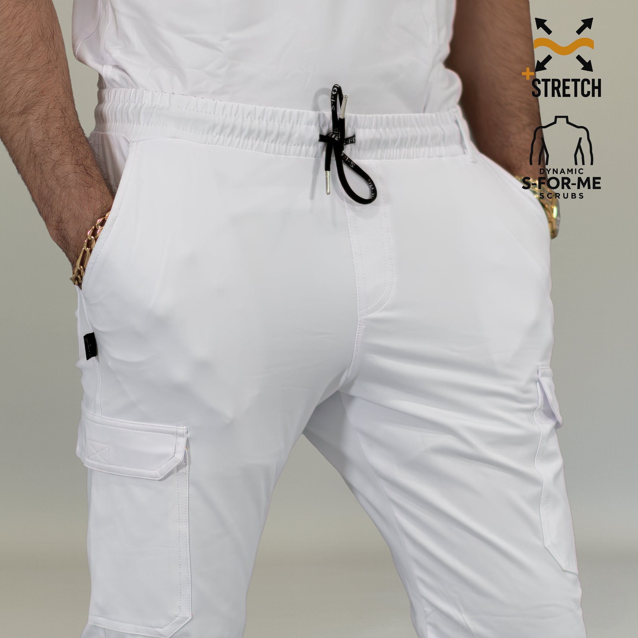 Side profile of men’s white athletic fit scrub jogger pants