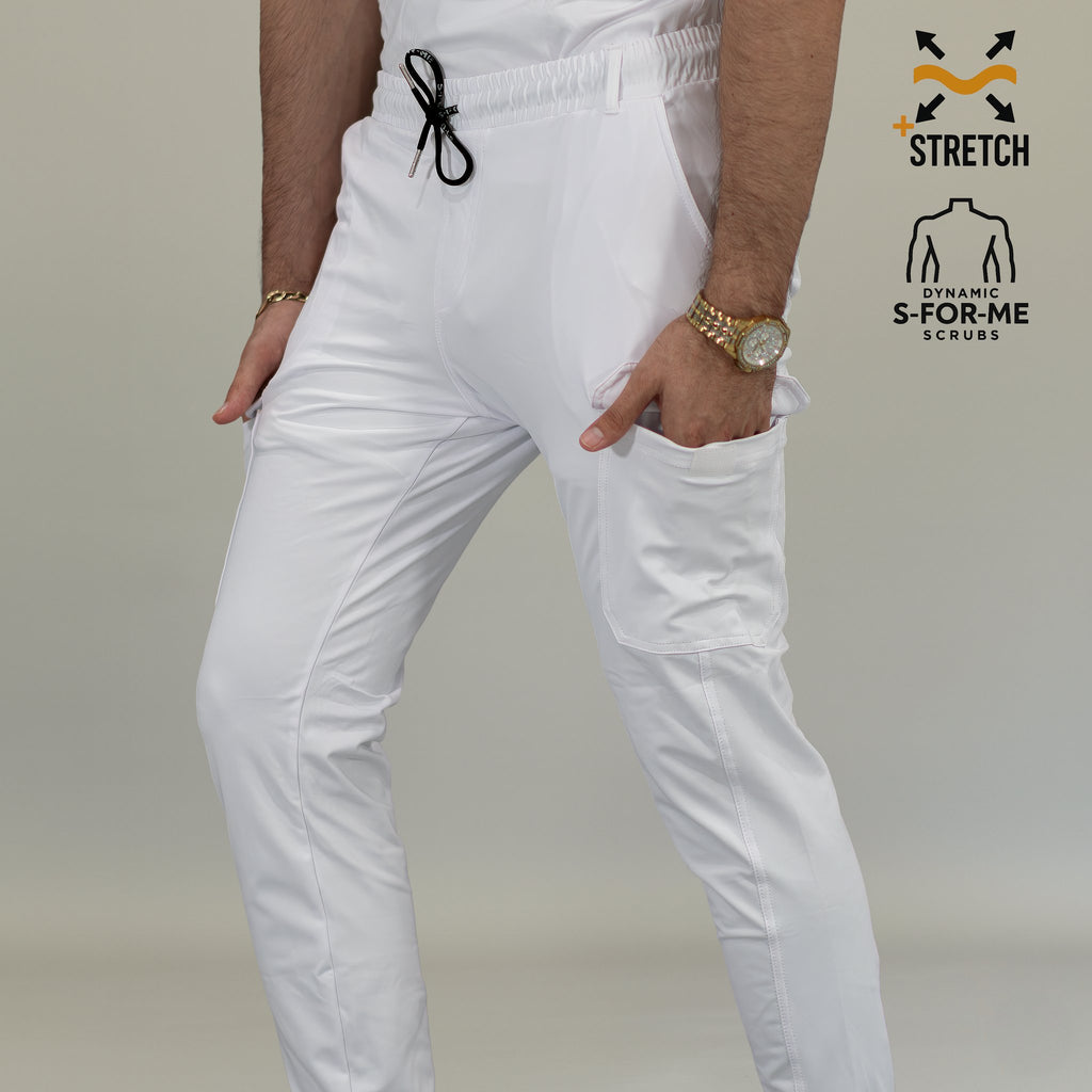 Close-up of men’s white medical scrub jogger pants waist and pockets
