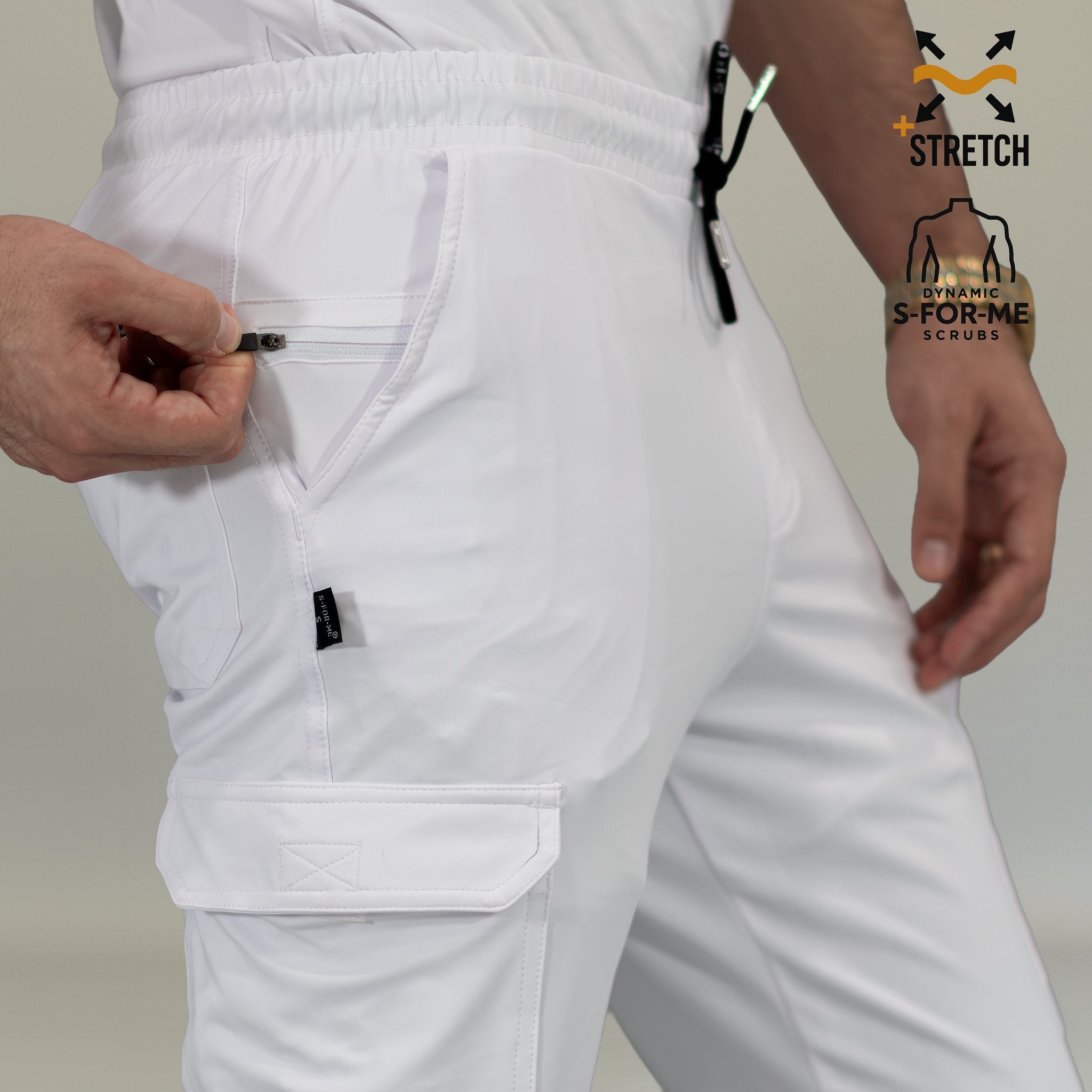Back view of men’s white nursing scrub jogger pants with back pockets