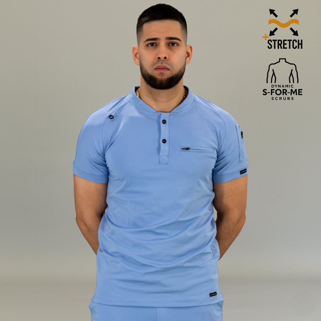 Close-up of zippered sleeve pocket on men’s Sky Blue scrub top