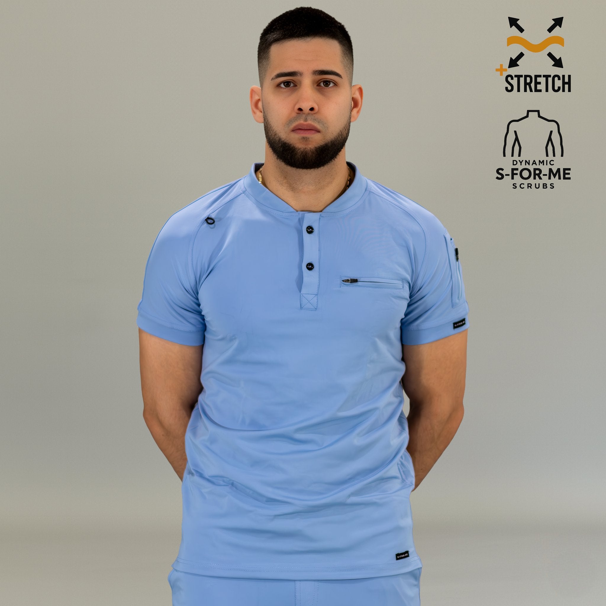 Close-up of zippered sleeve pocket on men’s Sky Blue scrub top