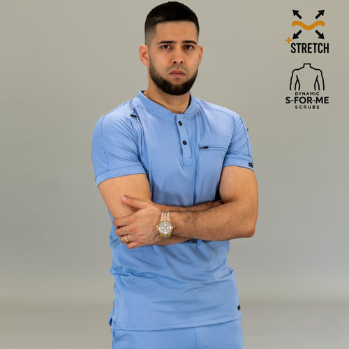 Men’s Sky Blue scrub top featuring raglan sleeves and slim fit
