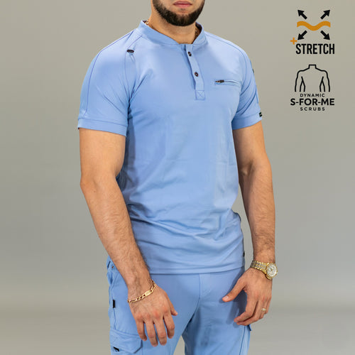 Men’s 901 Sky Blue scrub top side view showing sleeve pocket