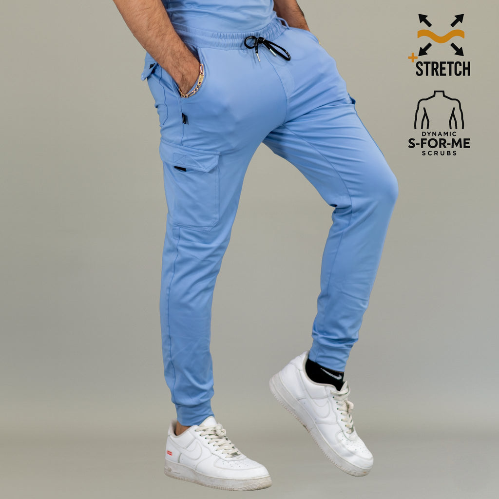 Close-up of functional pockets on men’s Sky Blue scrub pants
