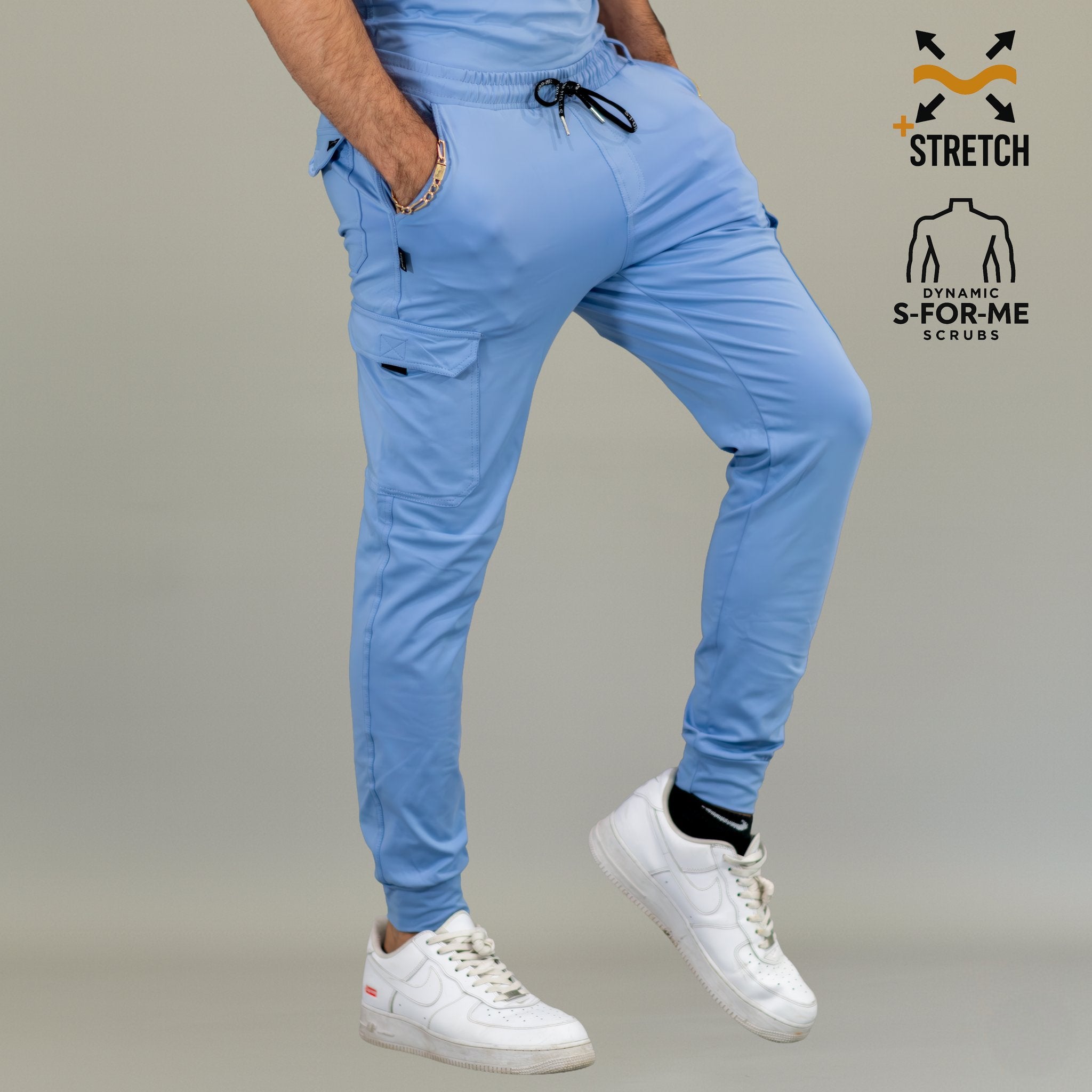 Close-up of functional pockets on men’s Sky Blue scrub pants
