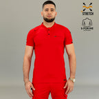 Men's red nursing scrub top 4-way stretch wrinkle resistant
