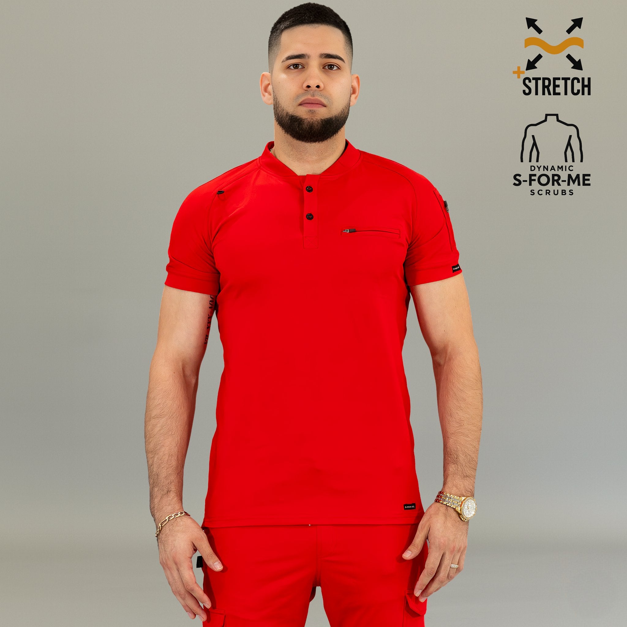 Men's red nursing scrub top 4-way stretch wrinkle resistant