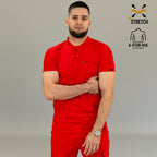 Red super stretch scrub top men back view raglan sleeve