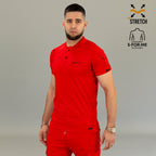 Red medical scrub top for men raglan sleeves moisture wicking