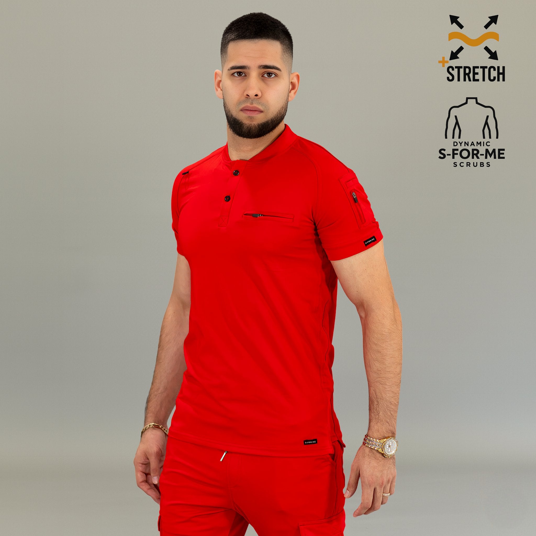 Red medical scrub top for men raglan sleeves moisture wicking