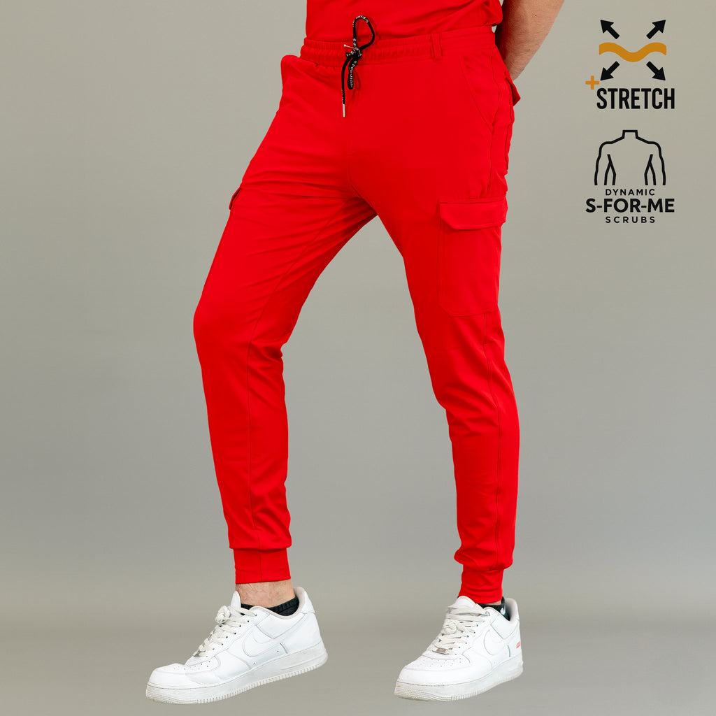 Close-up of functional pockets on men’s Red scrub pants