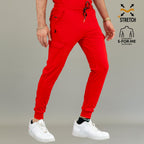 Men’s 901 Red jogger scrub pants paired with matching scrub top