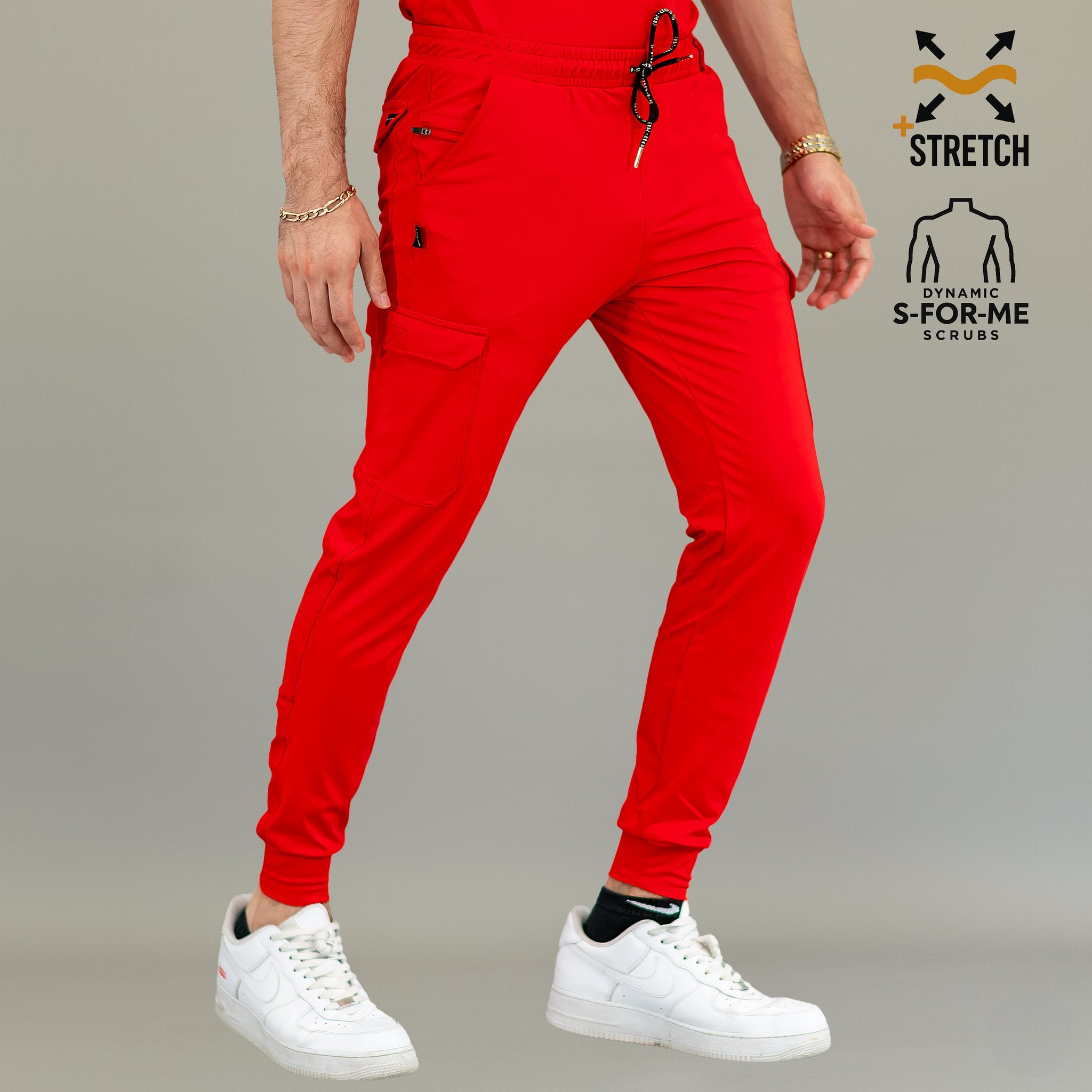 Men’s 901 Red jogger scrub pants paired with matching scrub top
