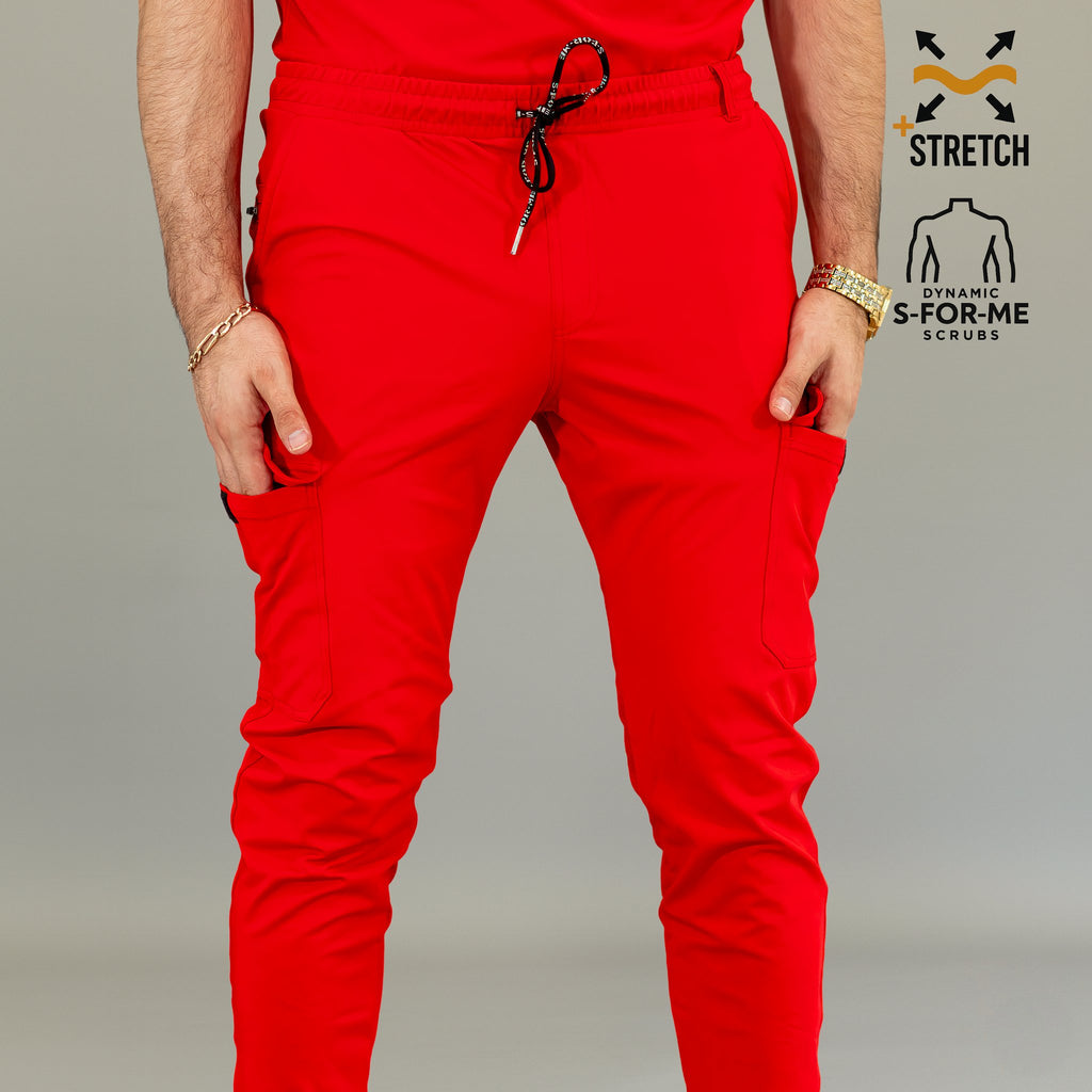 Red Super Stretch scrub pants for men with athletic fit