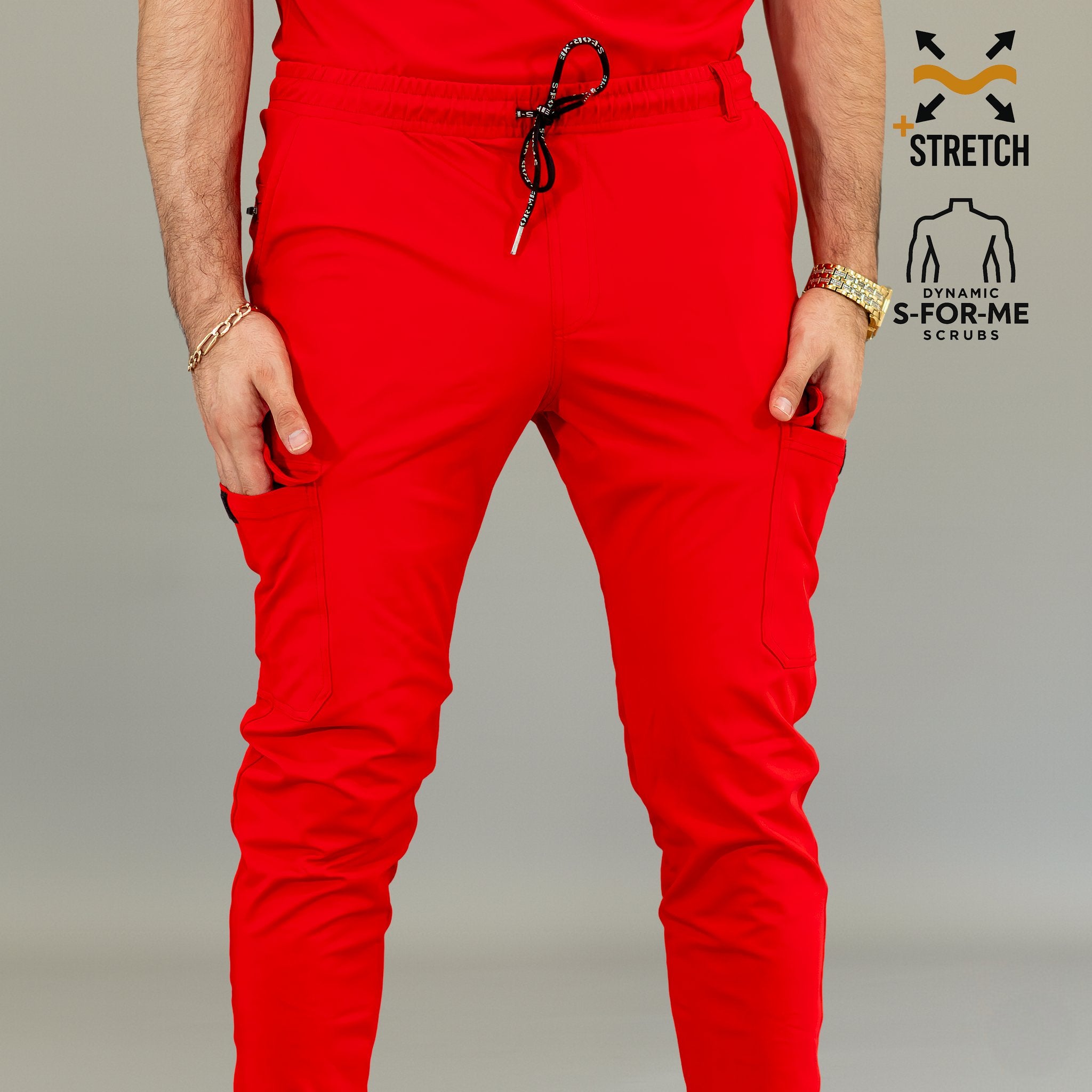 Red Super Stretch scrub pants for men with athletic fit