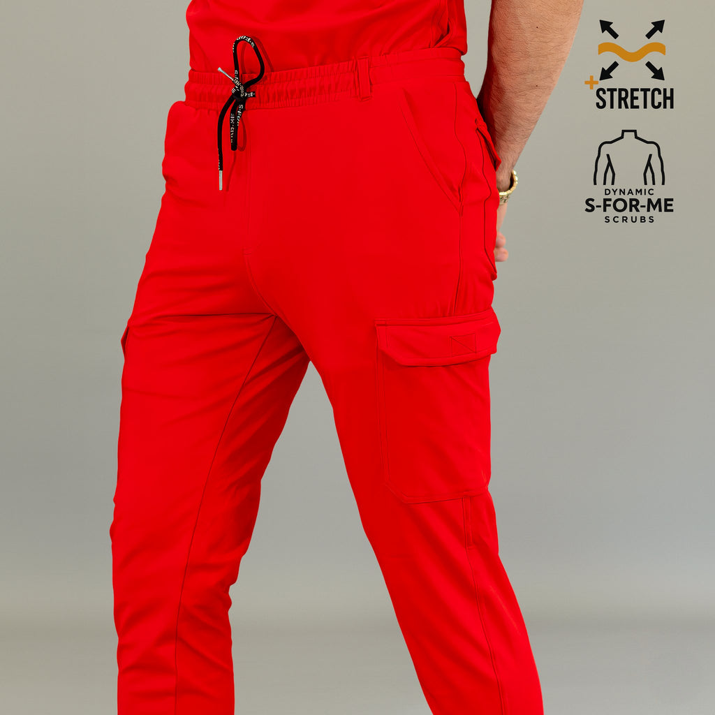 Men’s Red jogger scrub pants ankle cuff detail