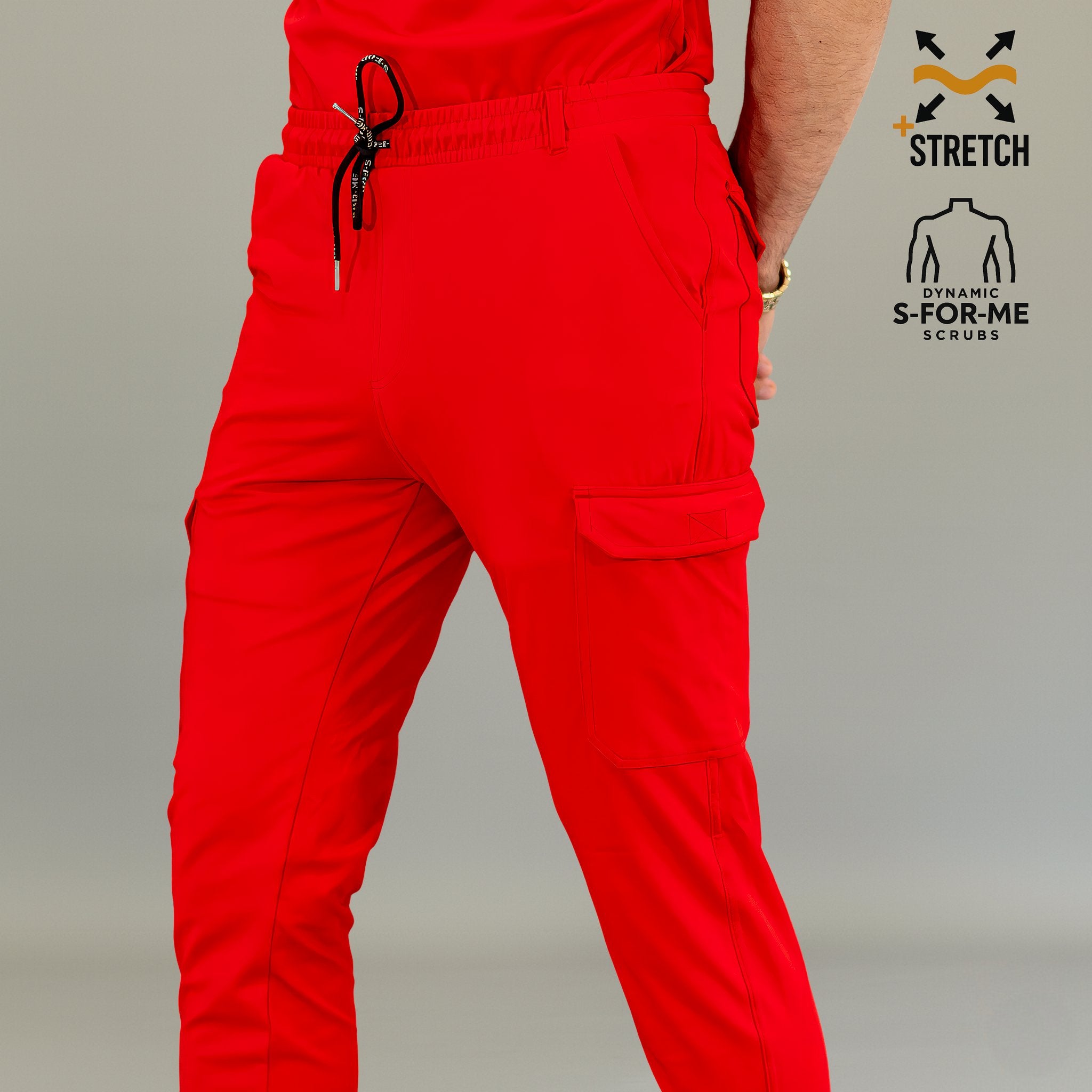 Men’s Red jogger scrub pants ankle cuff detail