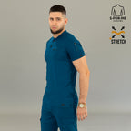 Corsair blue medical scrub top for men raglan sleeves moisture wicking