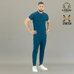 Corsair blue scrub top men sleeve zipper pocket chest welt pocket