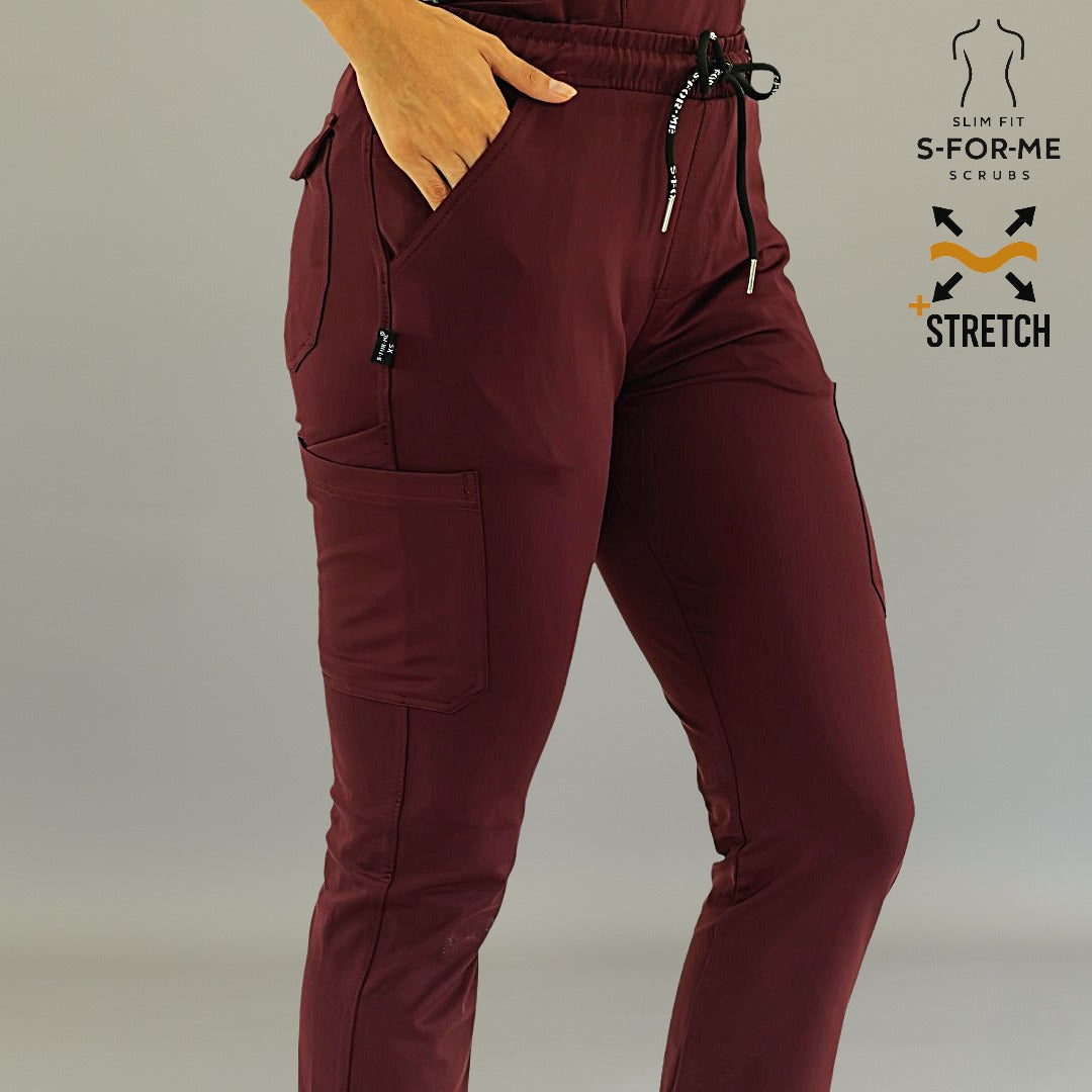 Women’s maroon jogger scrub pants with modern tapered fit