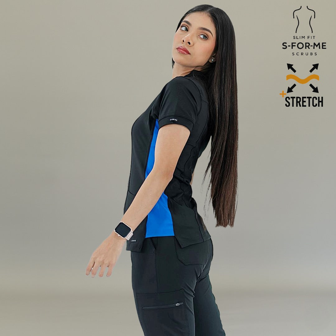 S-FORME Women's 930 scrub top black royal blue product detail view