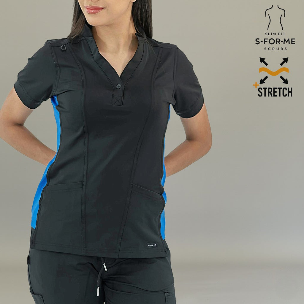 Women's wrinkle resistant scrub top in black with royal blue accents