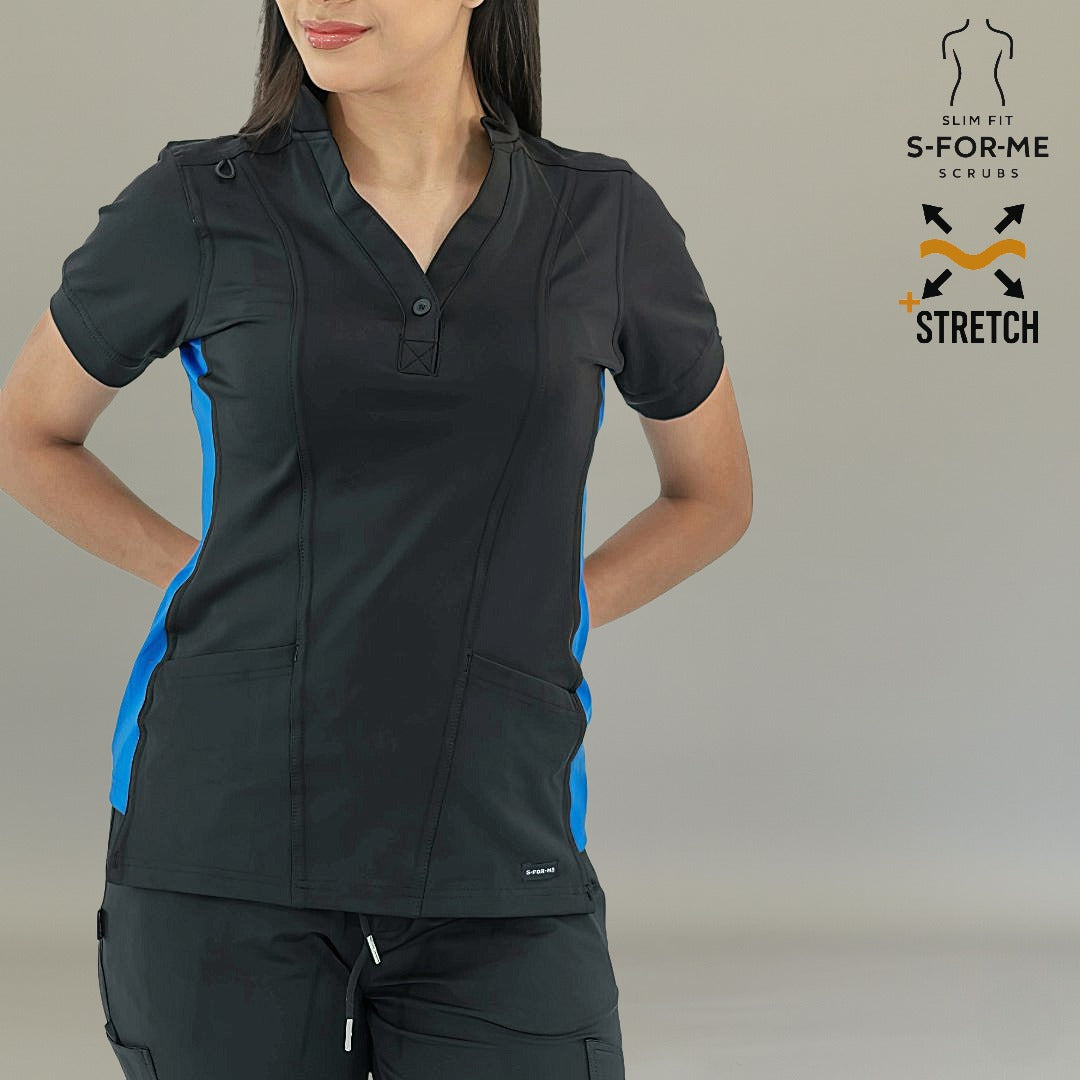 Women's wrinkle resistant scrub top in black with royal blue accents