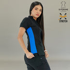 Women's mandarin collar scrub top with royal blue contrast details