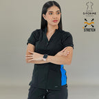 Black and royal blue scrub top for women with professional slim silhouette