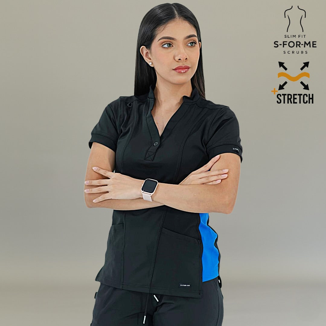 Black and royal blue scrub top for women with professional slim silhouette