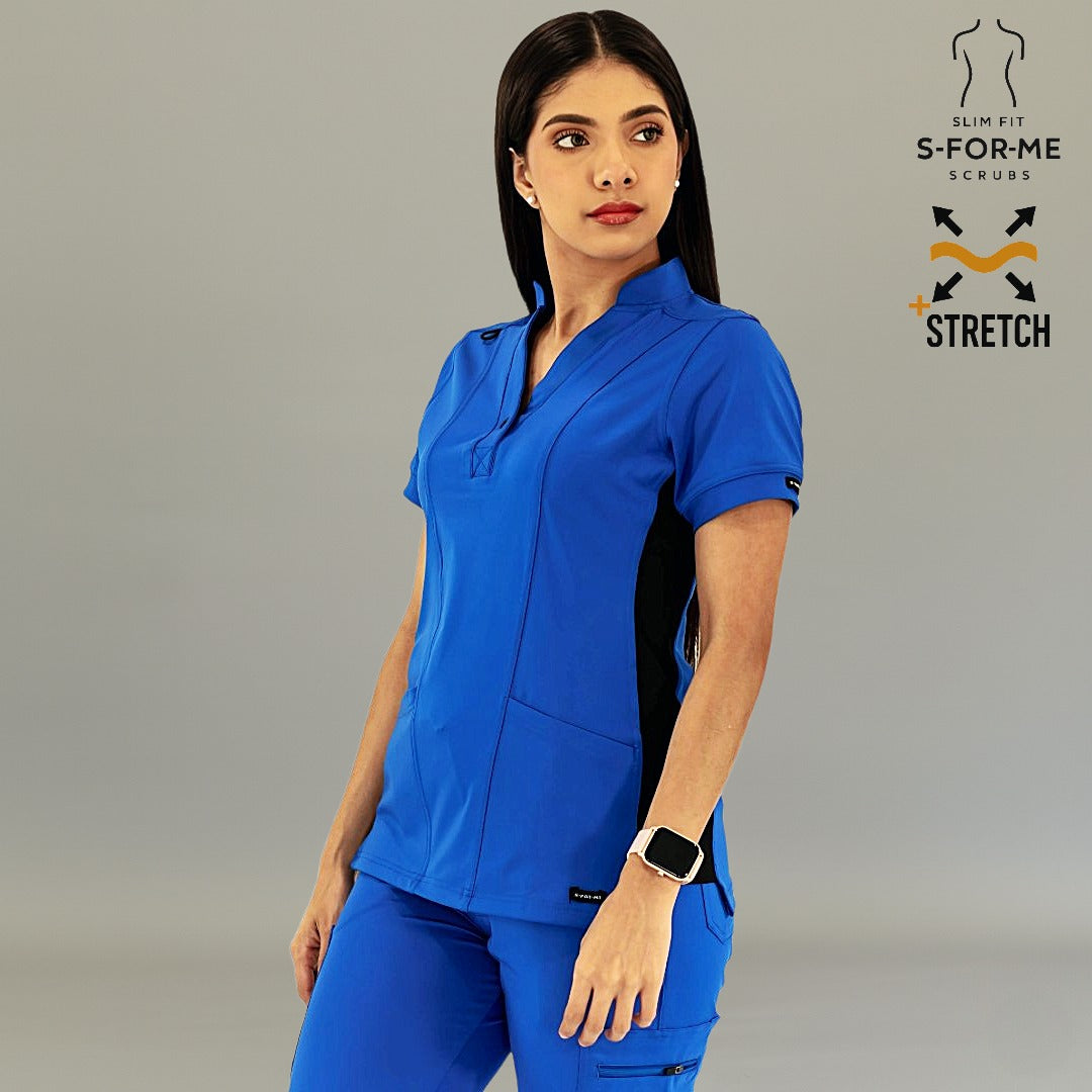 Royal blue black scrub top for nurses and healthcare professionals