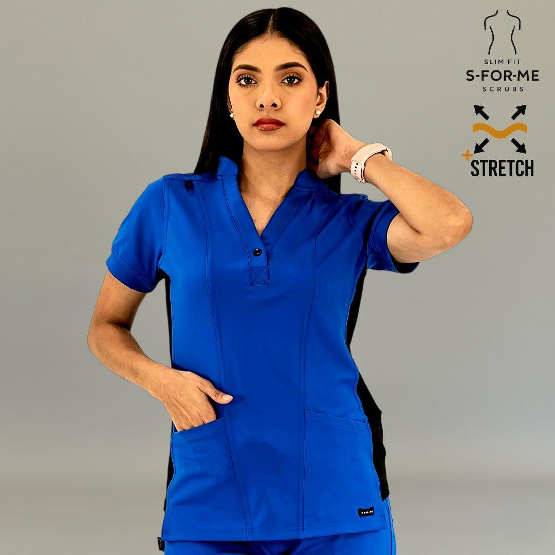 Royal blue scrub top with black accents and two front pockets