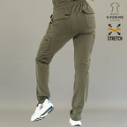 Women’s Olive Green jogger scrub pants side view with tapered fit