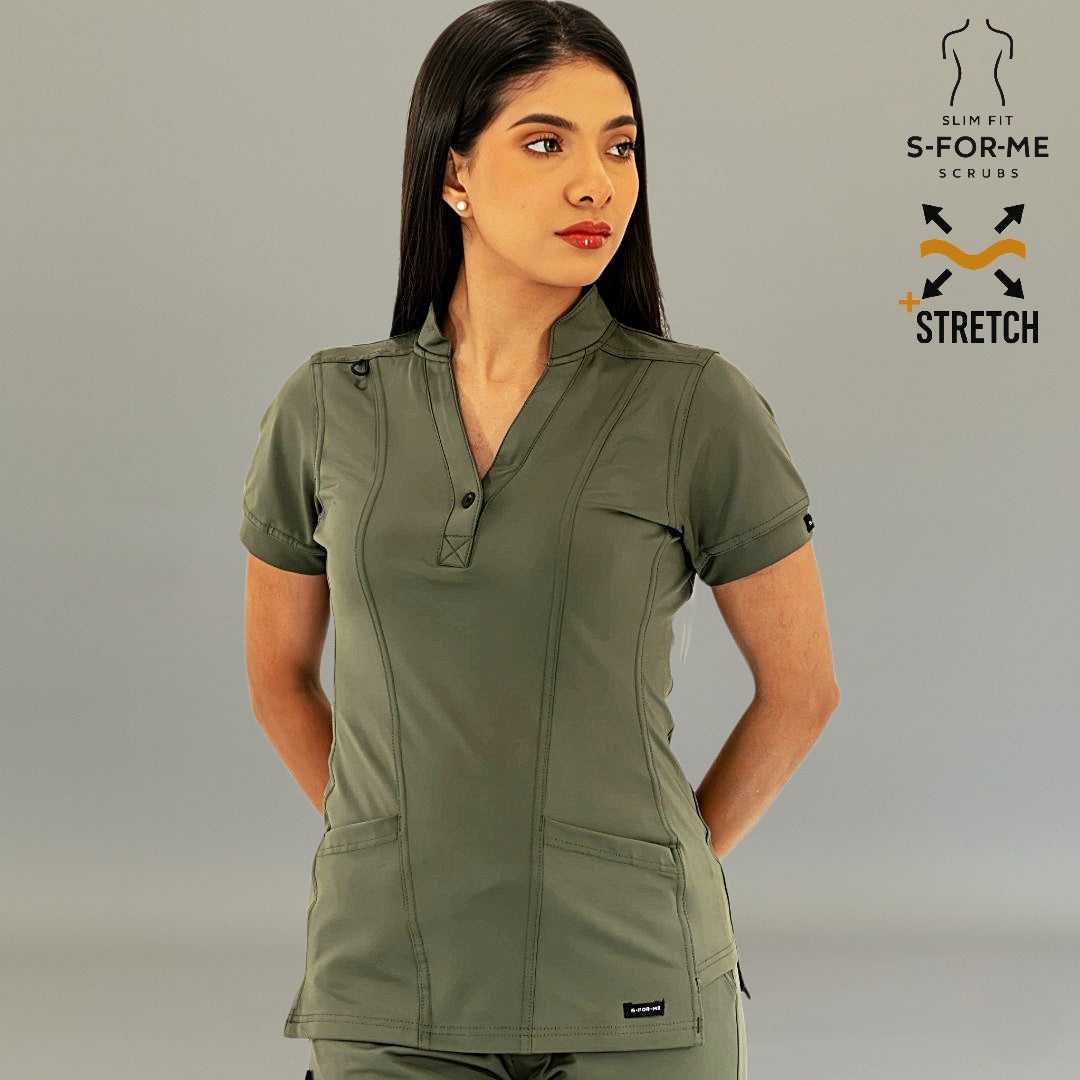 Women's Top 930 Olive Green Super Stretch scrub top front view by S-FORME