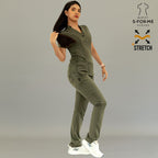 Detail of Olive Green S-FORME 930 scrub top fabric, collar and pocket design