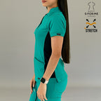 Detail of Teal Green/Navy S-FORME 930 scrub top fabric and pocket design