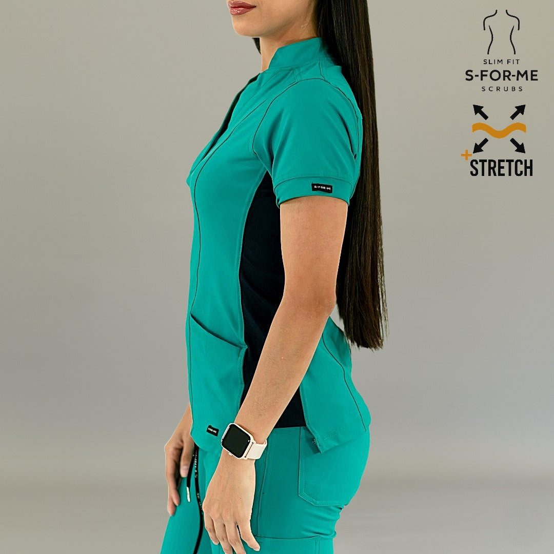 Detail of Teal Green/Navy S-FORME 930 scrub top fabric and pocket design