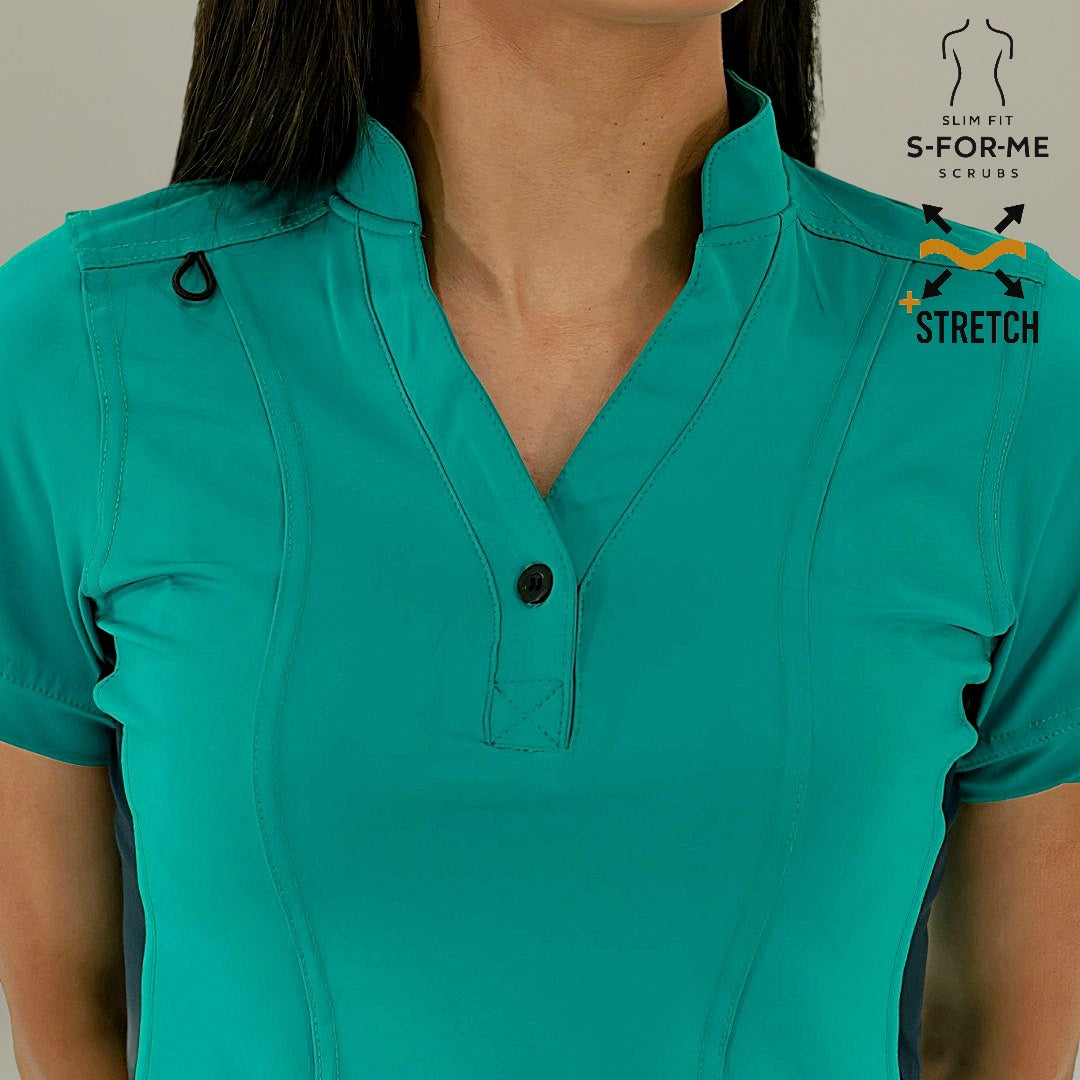 Lifestyle view of Women's 930 Teal Green/Navy Super Stretch scrub top by S-FORME